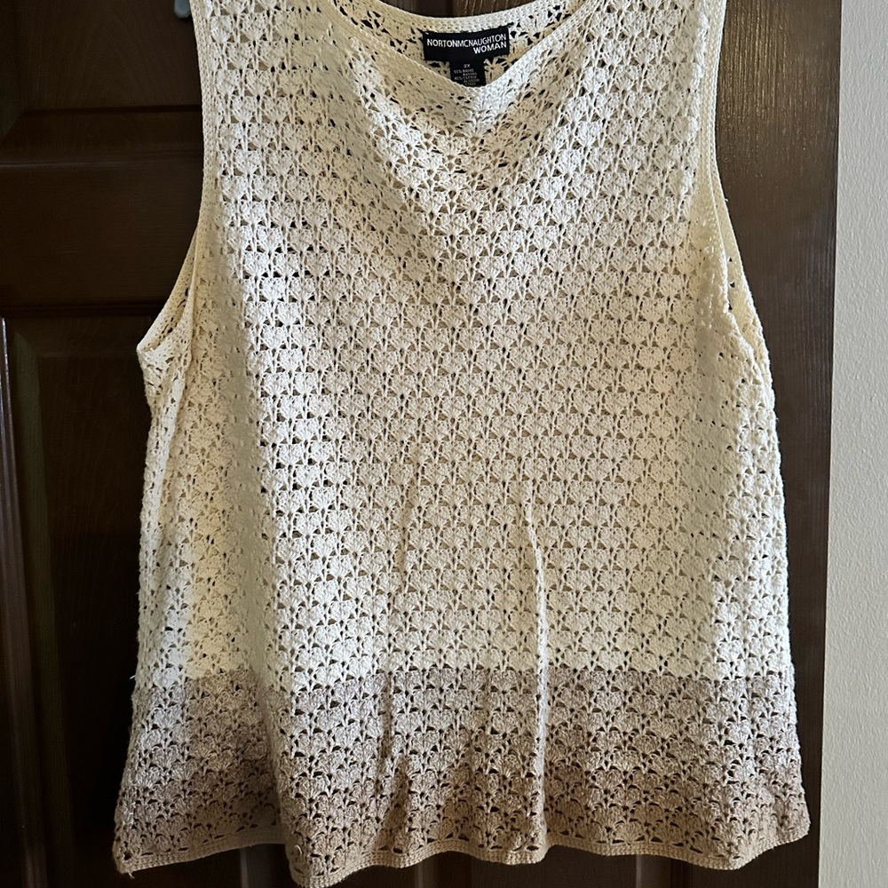 Cream and Brown Sleeveless Crocheted Top